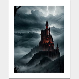 Spooky Castle Render with Lightning Flashing Above Posters and Art